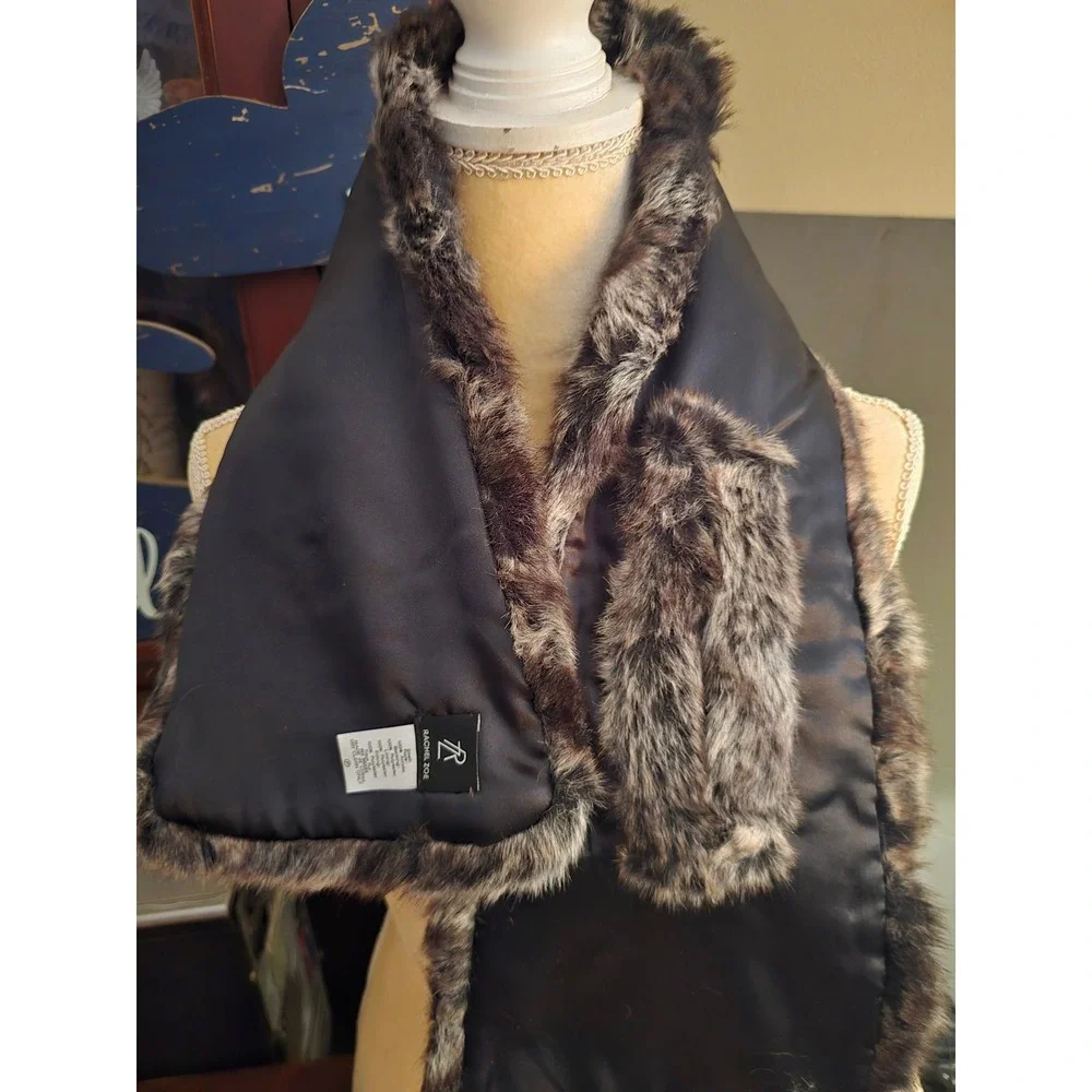 Rachel Zoe Brown Grey Faux Fur Pull Through Scarf Satin Lined Variegated Wrap